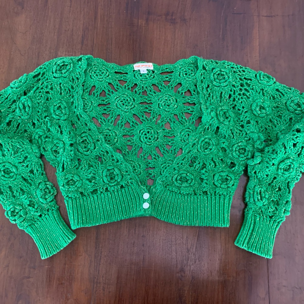 Vintage Renee Bardot Green w/gold floral crochet crop sweater